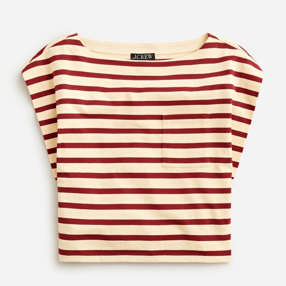 J. Crew Boatneck Muscle T-Shirt in Stripe Mariner Cotton, Red & Cream, Sz Small